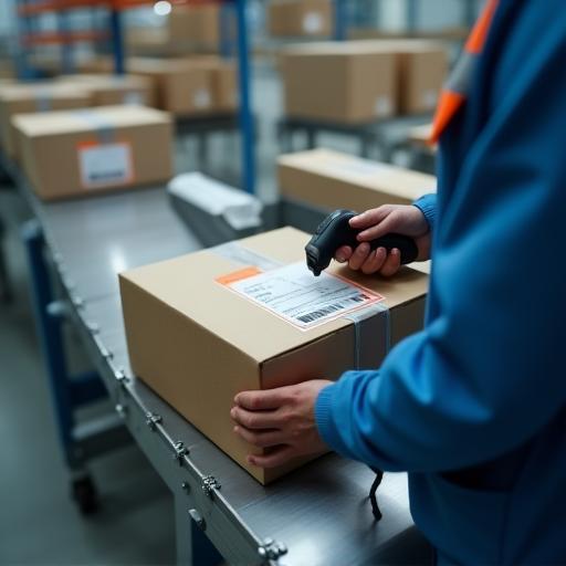 Worker scanning parcel on conveyor belt