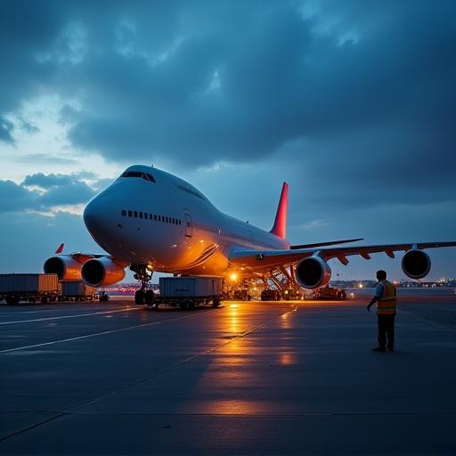 Cargo plane being loaded at dusk