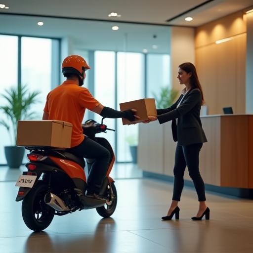 Courier on motorbike handing parcel to office receptionist